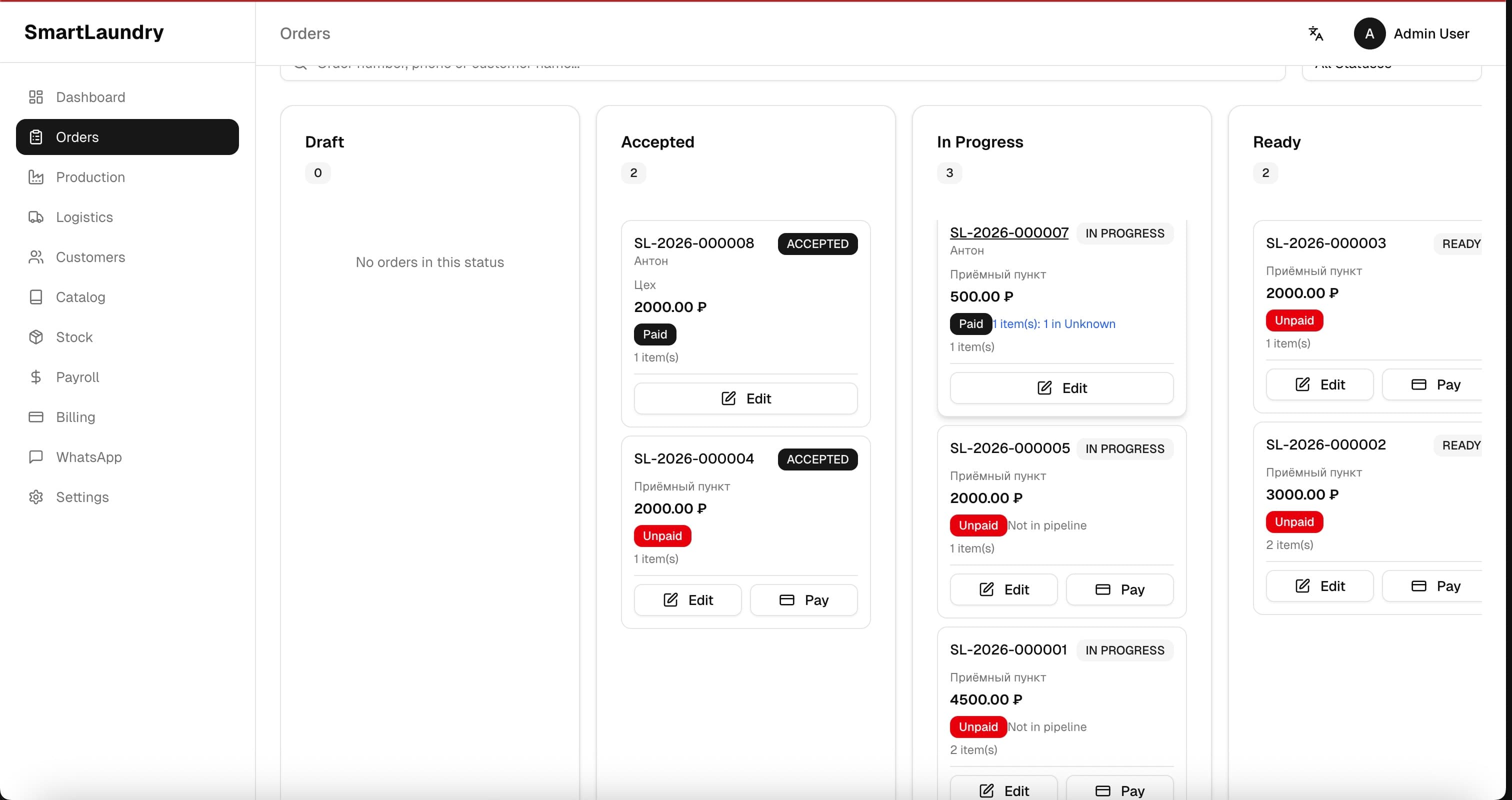 SmartLaundry dashboard displaying orders categorized by status: Draft, Accepted, In Progress, Ready.